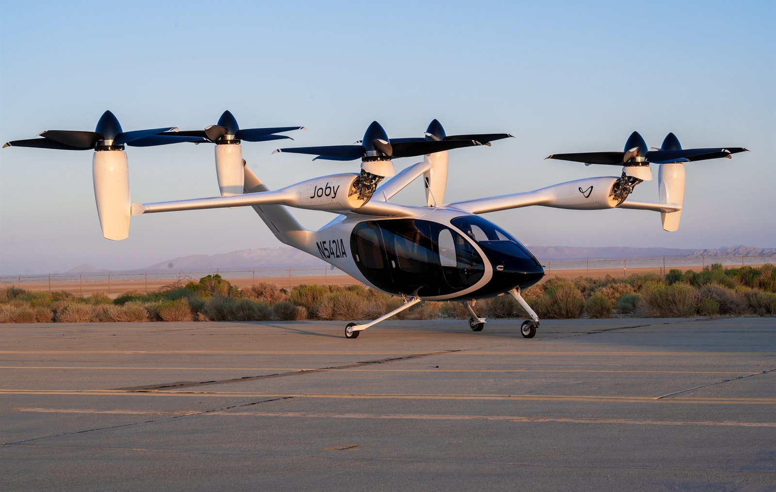 A Joby Aviation S4 experimental eVTOL aircraft on the taxiway at Edwards Air Force Base